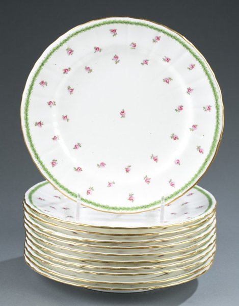 11 Minton plates with pink floral buds: A group of 11 Minton England salad plates with pink floral buds and green wreath rims. Late 19th/early 20th century. Marked on bottom. 8 3/4"diam.