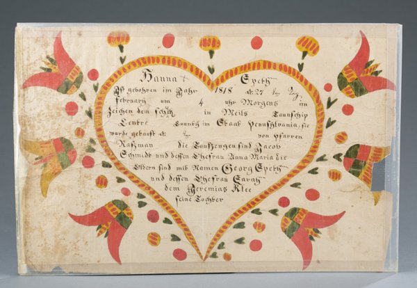 German-American fraktur dated 1818: A German-American fraktur dated 1818. With floral decoration. 8 1/4" x 12".