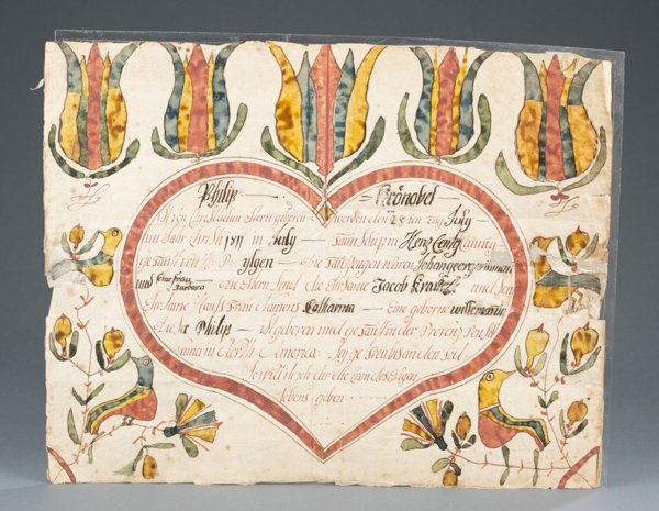 German-American fraktur dated 1811: A German-American fraktur dated 1811. With flowers and birds surrounding text. 12 1/4" x 15".