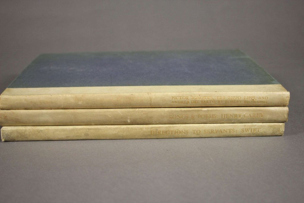 3 Books: Golden Cockerel Press.: [Golden Cockerel Press]. 3 Titles, quarter vellum, overall in very good condition. 4to. Vellum discolored, boards moderately soiled, li*ghtly worn. ++ Robert Browning. PICTOR IGNOTUS, FRA LIPPO LIPPI,