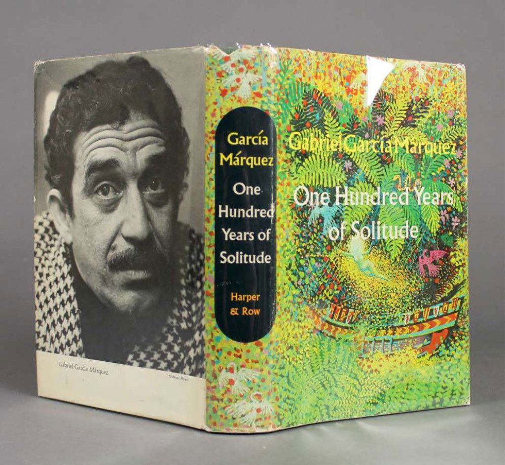 Marquez ONE HUNDRED YEARS OF SOLITUDE. 1st ed.: [Marquez, Gabriel Garcia]. ONE HUNDRED YEARS OF SOLITUDE. Translated by Gregory Rabassa. NY: Harper & Row, (copyright 1970). 8vo. Green cloth; near fine in dj with creasing and chips to dj’s edges.