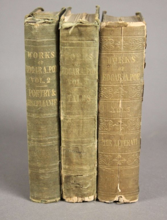 WORKS OF THE LATE EDGAR ALLAN POE. 3 Vols. 1850.: [Poe, Edgar Allan]. THE WORKS OF THE LATE EDGAR ALLAN POE: With Notices of his Life and Genius. By N. P. Willis, J. R. Lowell, and R. W. Griswold. 3 Vols, without the 4th volume issued 6 years later. 