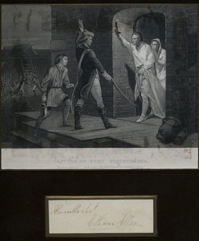 Ethan Allen. Signature.: [American Revolution]. Ethan Allen (1738-1789). Cut signature, “Humble Sevt Ethan Allen”. Matted and framed with small engraving depicting The Capture of Fort Ticonderoga. Provenance: Charles Hami