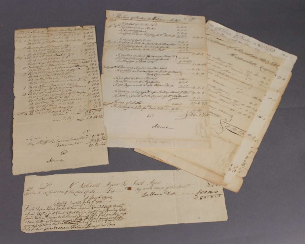 6 Invoices, mostly issued by Town of Boston, 1773.: [New England]. 6 Invoices. ++ Handwritten invoice for the payment given by “Mr. Nathaniel Ayers to Jacob Ayers,” for “12 Chaldron of Sea Coal…” In lower portion, in another hand: “Suffolk,