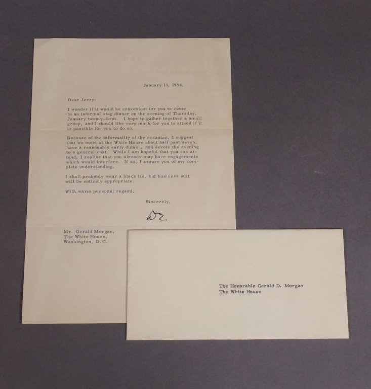 Dwight Eisenhower: TLS to Gerald Morgan. 1954.: [President Dwight Eisenhower]. TLS. Reads “I wonder if it would be convenient for you to come to an informal stag dinner on the evening of Thursday, January twenty-first. I hope to gather together a
