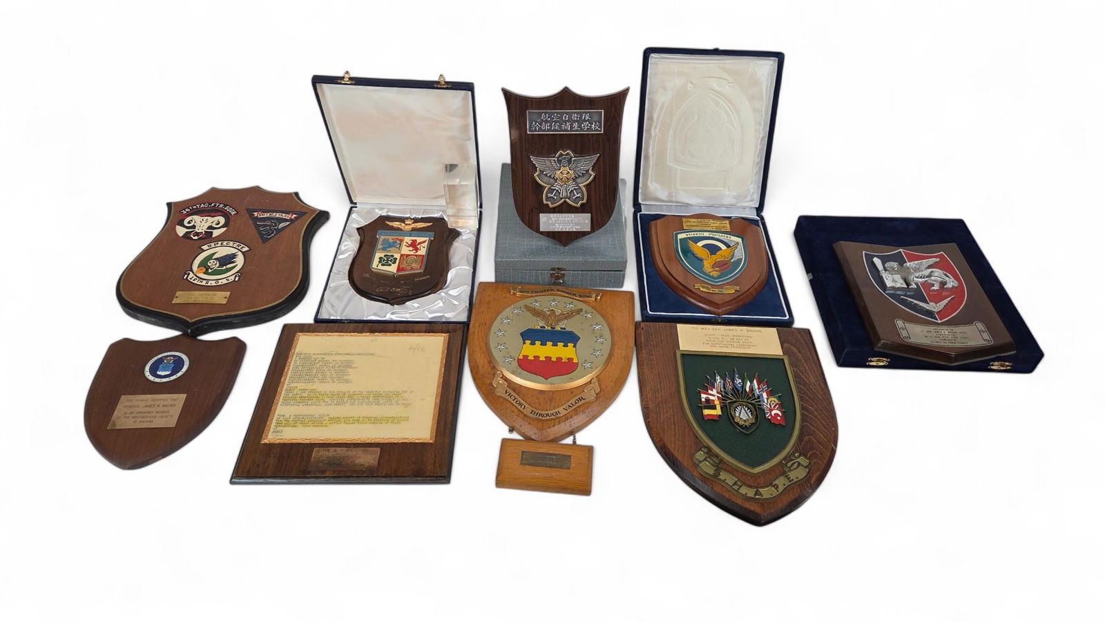 9 Gen. Brown award wooden panels.: A group of eight USAF Lt. Gen. James R. Brown (1930-2015) award wooden panels. Largest: 14" x 11" Smallest: 9" x 7 1/4" Provenance: From the Estate of U.S.A.F. Lt. General James R. Brown (1930-2015).