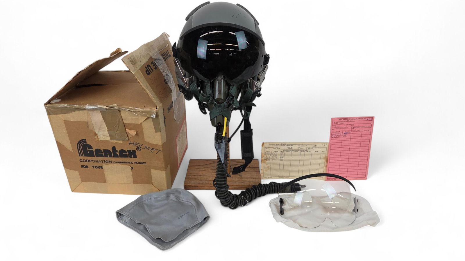 Gen. Brown HGU-55/P Flight Helmet: A USAF Lt. Gen. James R. Brown (1930-2015) Type HGU-55/P Flight Helmet with Scott Sierra oxygen mask and clear and polorarized visor in original box. Includes AFTO Inspection Form 334 and 335 for helm