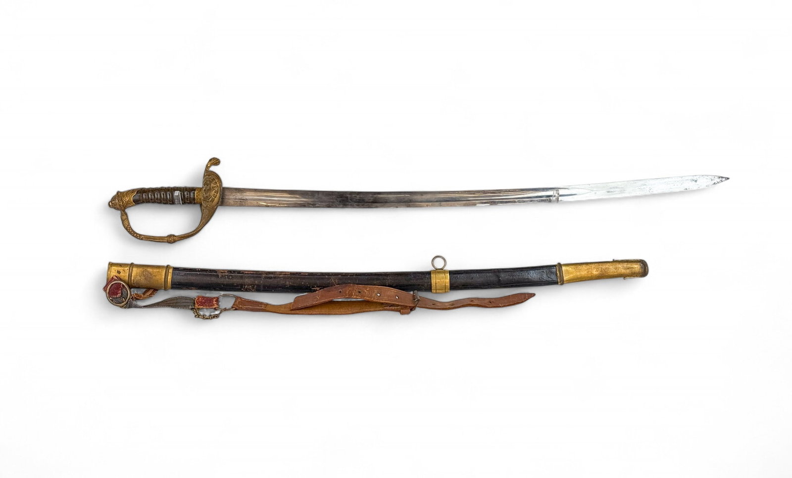 Austrian Lloyd Merchant Navy sword with scabbard.: An Osterreichischer Lloyd / Austrian Lloyd Merchant Navy sword with scabbard. 32" single edged blade. Ricasso marked partially obscured "WIEN." Gilt metal guard with wood wire wrapped grip. Guard mark