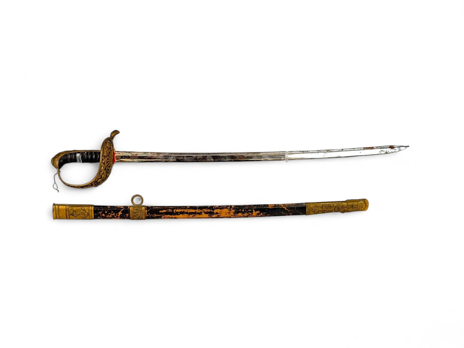 Austrian M1850/1871 Naval Officer's sword: An Austrian-Hungarian Empire Model 1850/1871 Naval Officer's sword. 26 1/2" chromed blade. Pierced guard with Imperial eagle and mermaids. Leather and wire grip. 28" Leather and metal mounted scabbard