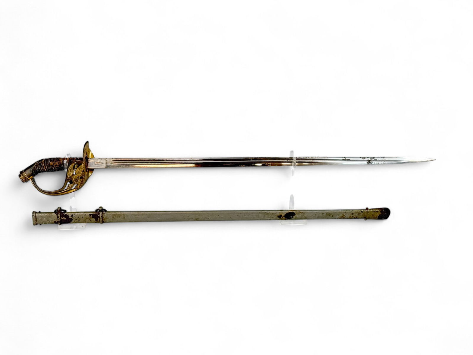 Prussian M1889 Infantry Officer's sword & scabbard: A Prussian Model 1889 Infantry Officer's sword and scabbard. 32" blade. Marked on ricasso "DEUTSCHER OFFIZIER VEREIN BERLIN" and "WEYERSBERG KIRSCHBAUM SOLINGEN." Gilt bronze guard. Ray skin grip. 33"