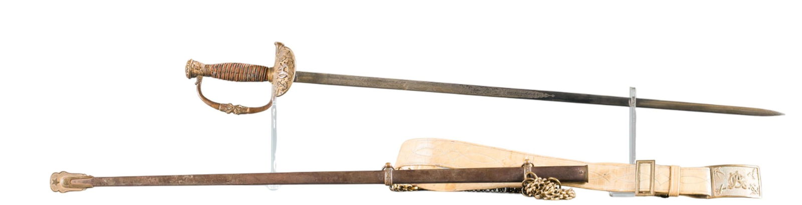 Amnes Fraternal G.A.R. sword with scabbard: An Amnes Fraternal Grand Army of the Republic 1860 Staff and Field Officer's pattern sword with scabbard. 30" acid etched blade. 35 1/2" overall. 31 1/2" scabbard with hanger and leather belt with Fan