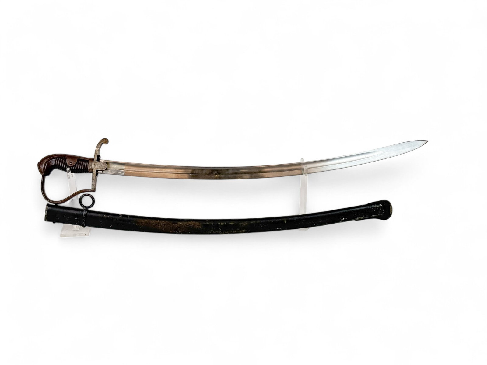 WW1 German M1848 Artillery saber and scabbard: An Imperial German Blucher Model 1848 Neuer Art Artillery Saber and scabbard. 30" single edge blade. Ricasso marked "ALEX COPPEL/ SOLINGEN" and spine stamped with Crown over "W15" acceptance mark and 