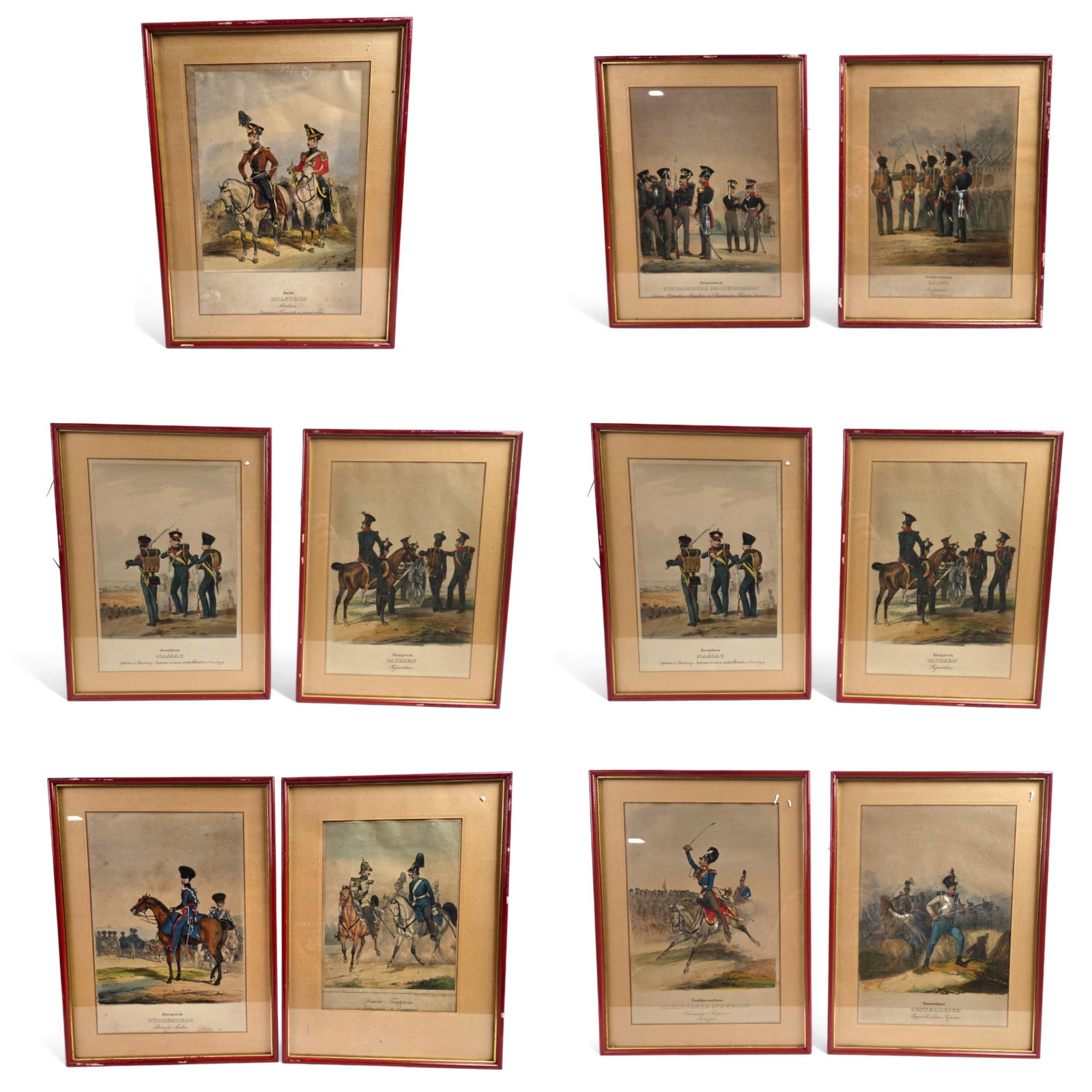 9 Eckert & Monten "German Army" litho series: A group of nine Heinrich Ambrose Eckert (German, 1807-1840) and Dietrich Monten (German, 1799-1843) for Christian Weiss "German Army, designed in characteristic groups. Life-drawing" hand colored lith