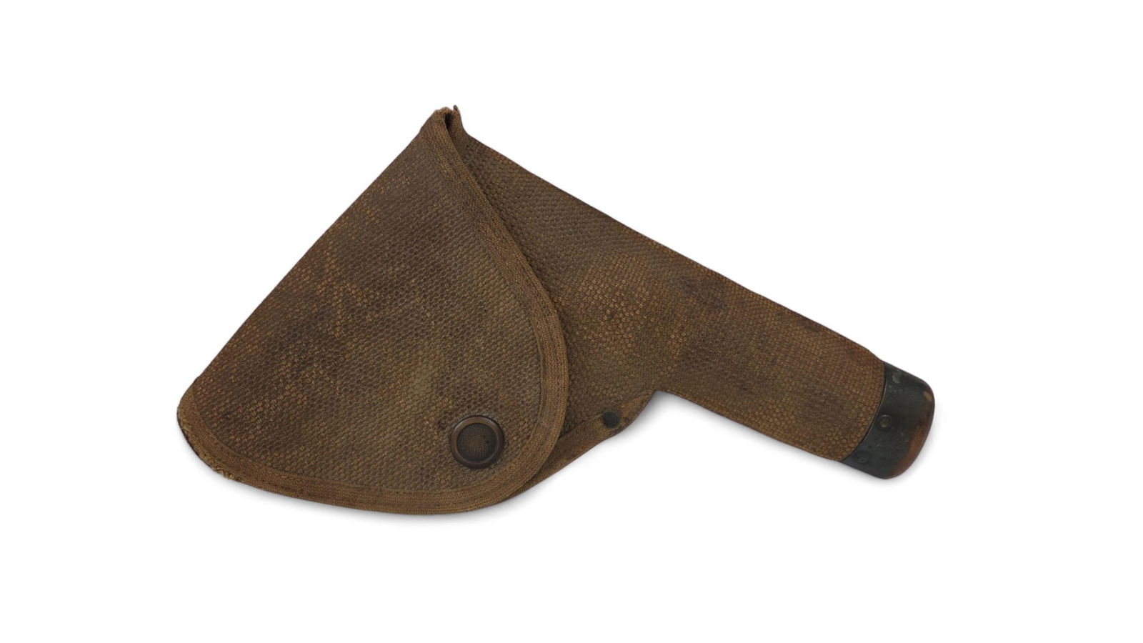 Rare WWI Mills .38 Cal canvas holster.: A rare WWI commercial Mills .38 Cal canvas holster. "Mills" in bullet stamp on underside of flap and on metal butt cap. Cap marked "PAT'D - Jun. 16, 14/ Jun. 30, 14." Condition: Staining and discolora