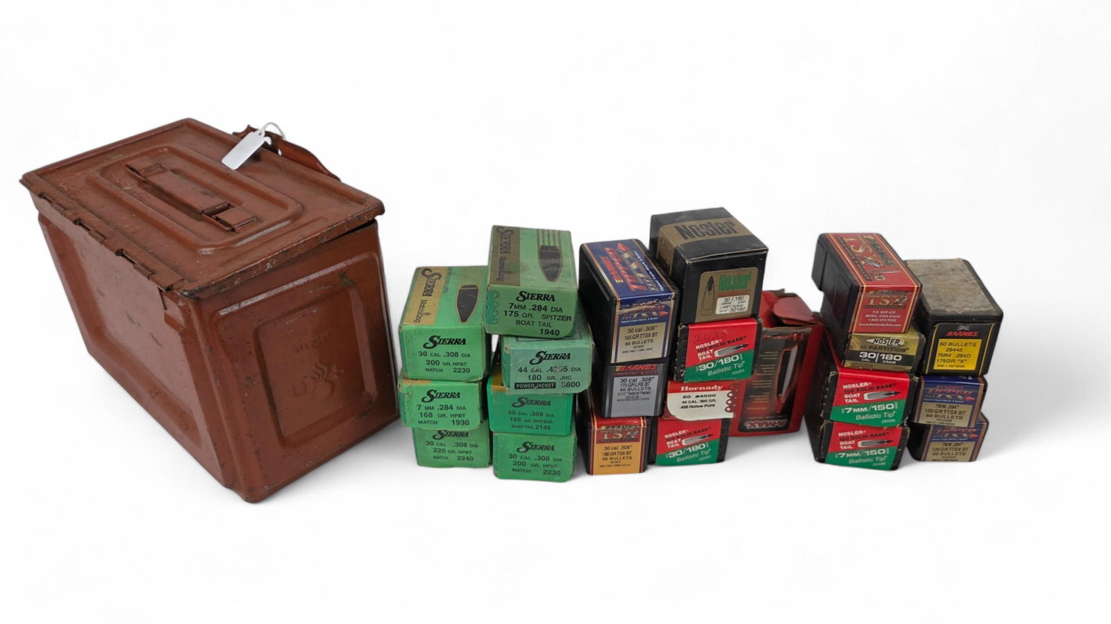 21 Partial 7mm, .30, .44, and .45 bullet boxes.: A group of twenty-one partial 7mm, .30, .44, and .45 bullet boxes in 50 cal. style ammo can.
