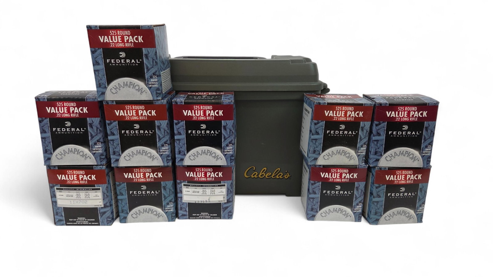 Federal .22 LR ammo, 5775 rounds: A group of eleven sealed Federal 22 LR 525 round boxes ammunition, 5775 rounds. .36 Gr. JHP