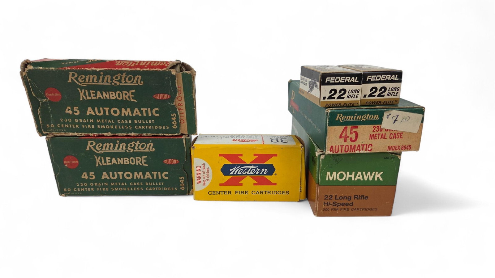 .22 LR, .38 Spl, and .45 ACP ammunition,: A group of .22 LR, .38 Special, and .45 ACP ammunition. Including 500 rounds Remington Mohawk .22LR, 100 rounds Federal Power-Flite .22 LR, 19 rounds Westernm .38 Special, Approx. 125 Remington .45 AC