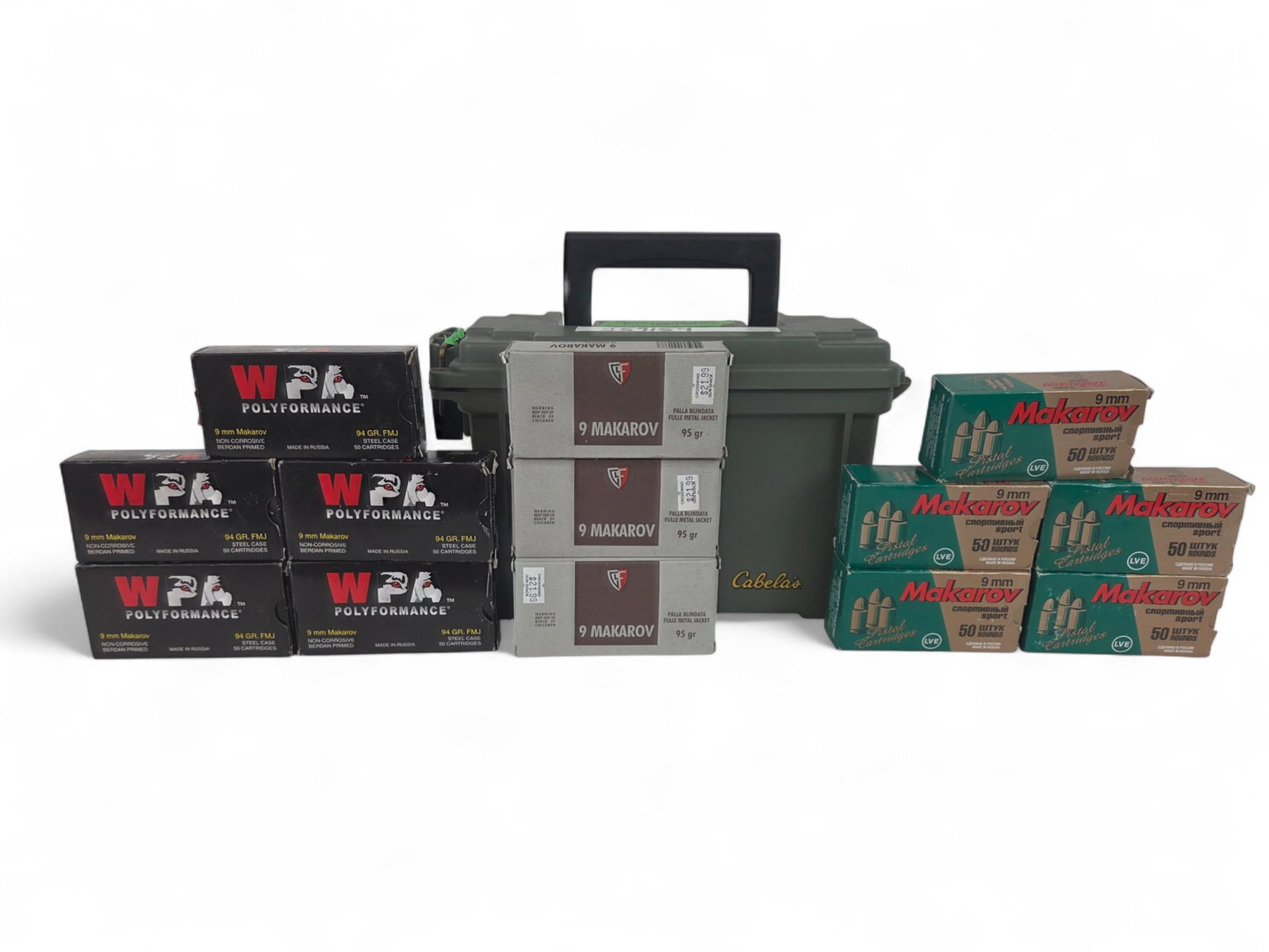 13 9mm Makarov ammo boxes, 712 rounds: A group of thirteen 9mm Makarov ammo boxes in an ammo box, 712 rounds ++ 3 Fiocchi boxes. 95 Gr. FMJ. 300 rounds. ++ 5 JSC boxes. 92 Gr. FMJ. 211 rounds. ++ 5 WPA boxes. 94 Gr. FMJ. 201 rounds.