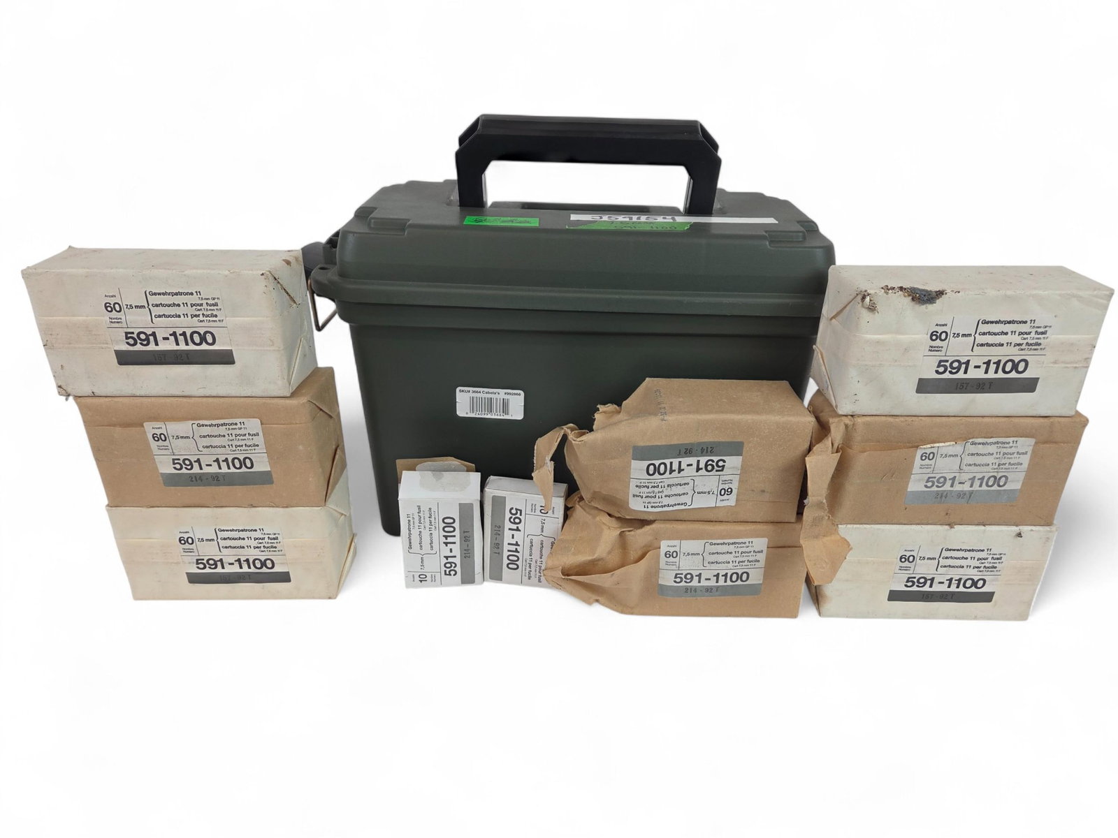 Mil Surp Swiss GP11 7.5mm ammo, 480 Rounds: A group of eight cartons Military Surplus Swiss 1992 GP11 7.5?55mm Swiss ammunitions, 480 Rounds. Three opened and one opened 10 round box. T/92 headstamp.