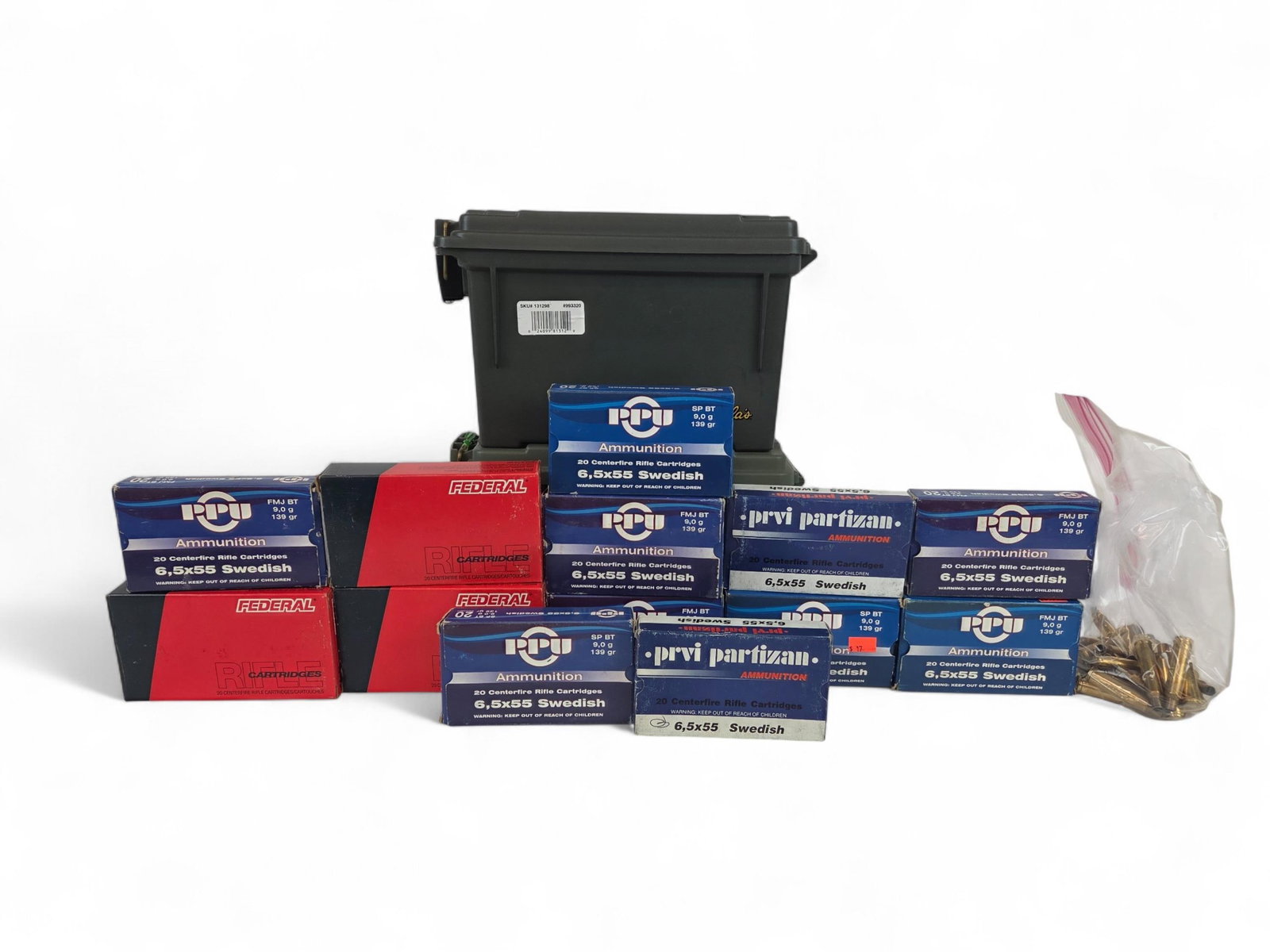 Federal & PPU 6.5x55 Swiss ammo, 226 rounds: A group of Federal and PPU 6.5x55 Swiss ammunition, 226 rounds ++ 3 boxes Federal Target 140 Gr. FMJ, 42 rounds. ++ 5 boxes PPU 139 Gr. FMJ, 84 rounds. ++ 5 boxes PPU 139 Gr. SP, 100 rounds. +++