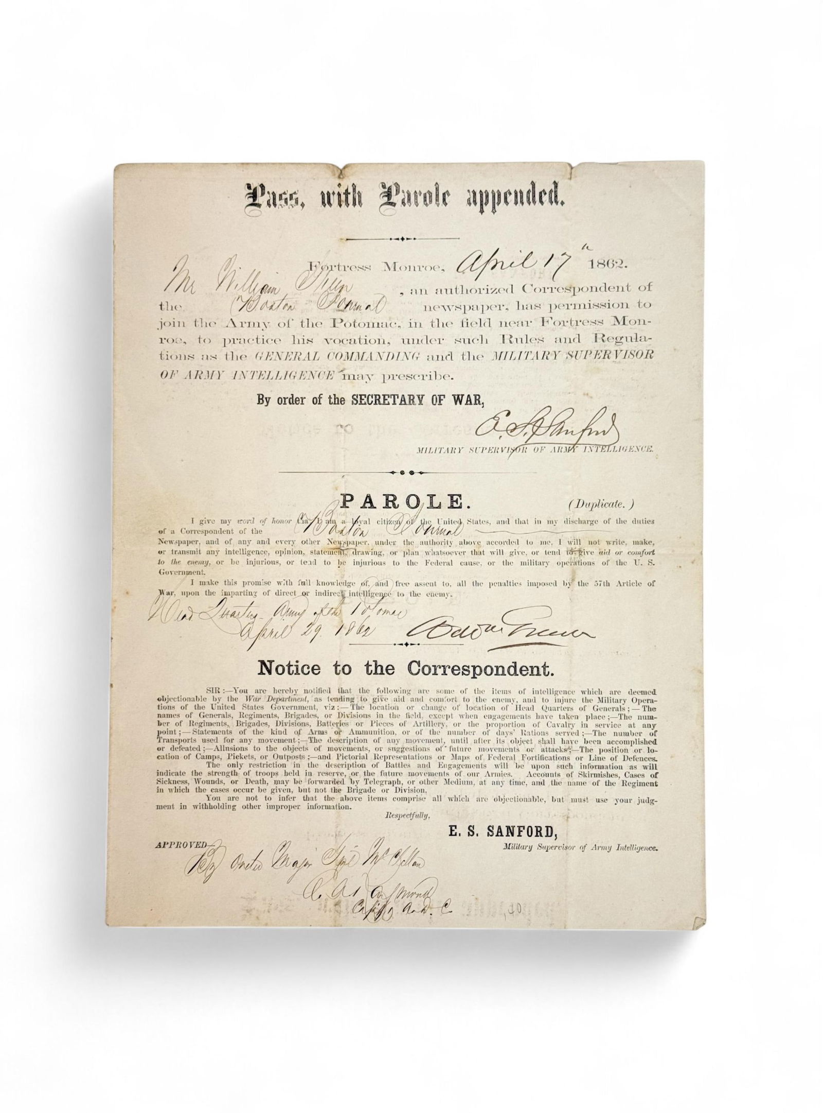 1862 Civil War Press Pass (1 of 4)