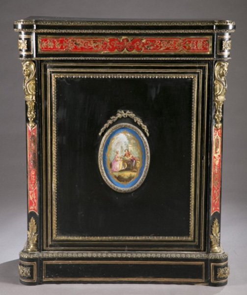 Ebonized wood 2 shelf cabinet w/ jasper plaque: An ebonized cabinet with bronze mounts. 19th century. Single door with oval porcelain painted plaque, flanked by canted corners with caryatid mounts. 45 1/2"h x 37"w x 14"d.