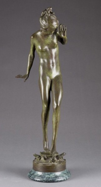 Harriet Whitney Frishmuth, bronze fountain, "Play Days": Frishmuth, Harriet Whitney (NY, 1880-1980). Bronze fountain entitled, "Play Days" with woman surrounded by frogs. Etched on back of base, "Harriet W Frishmuth C 1925 Gorham Co. Founders OFHL". Mounted
