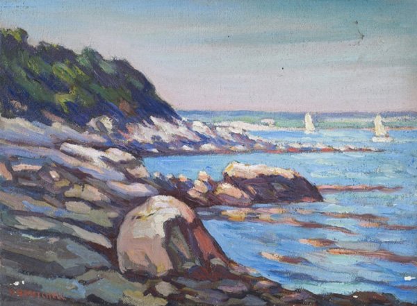 George B. Mitchell, oil pntg., coastal scene: Mitchell, George Bertrand (Conn., N.J., 1874-1966). Coastal scene with sailboats. Oil on canvasboard. Signed at l.l., "GB Mitchell". Unframed. 8 3/4" x 11 3/4".