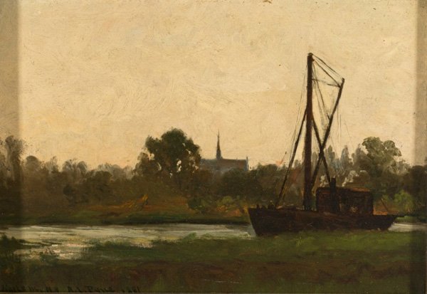 Robert Lorraine Pyne oil/board Harlem, NY, boat: Pyne, Robert Lorraine (New York, 1836-1905). Harlem river scene with board. Oil on board. Signed at l.l., "Harlem, NY R.L. Pyne 1881". In gilt wood frame. 8 1/2" x 12". Frame: 10 3/4" x 14 1/2".