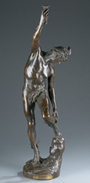 Raymond Sudre "Depart de Mercure" w/ foundry stamp: Sudre, Raymond (Fr., 1870-1962). Bronze statue entitled, "Depart De Mercure". With plaque that reads, "Depart De Mercure/Prix de Concours/Ecole Des Beaux-Arts, Paris". Signed in bronze, "Sudre Paris".