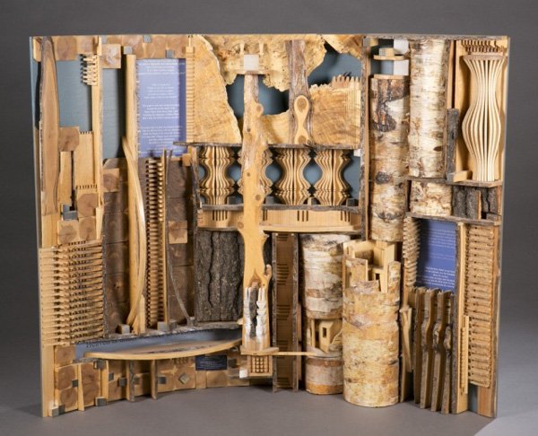 Concave wood sculpture, Po Shun Leong: Leong, Po Shun (California, b. 1941). An abstract concave wood sculpture with architectural elements and a text panel about the word "simplify". 34 1/2"h x 45"w x 20"d.