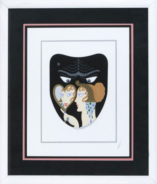 Signed Erte serigraph, "Envy": De Tirtoff, Romain (Erte) (NY/Rus., 1892-1990). "Envy". Serigraph. Signed and numbered, "Erte" and "XLVIII/XL". Matted and framed under glass. Sight: 24 1/2" x 19 1/2". Frame: 36" x 31".