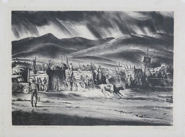 Peter Hurd lith., "Sunday Afternoon in New Mexico": Hurd, Peter (New Mexico/Penn., 1904-1984). "Sunday Afternoon in New Mexico". Lithograph on paper. Numbered 1/50 and pencil signed at l.r., "Peter Hurd". Image: 9 3/4" x 13 3/4".