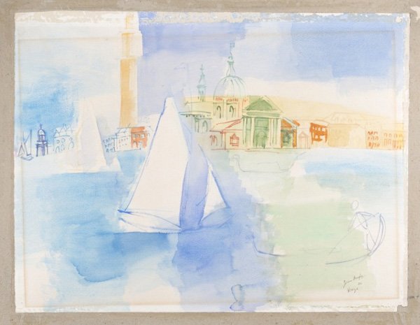 Jean Dufy Venetian watercolor 1926, catalog number: Dufy, Jean (Fr., 1884-1964). Watercolor and gouache on paper of Venetian scene. Signed and dated at l.r., "Jean Dufy 26 Venezia". Original label on reverse with 571.500.322 G/99. 18" x 23 1/4".