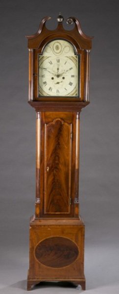 Mahogany tall case clock, John Crichton, Dundee.: A John Crichton Dundee mahogany tall case clock. Late 18th century. Wood painted face with dials for seconds and date, Signed "Jn Crichton Dundee". Broken scroll hood supported by body with canted col