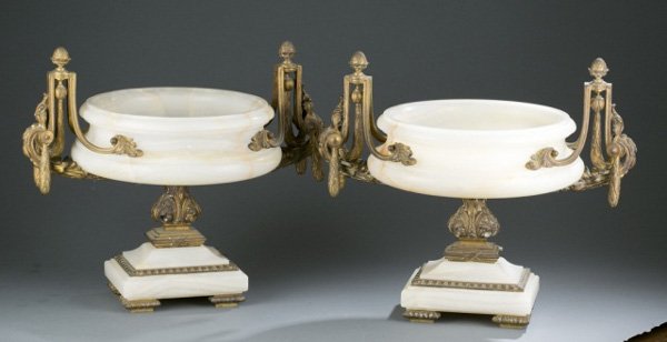 19th c. onyx compotes with ormolu handles: A pair of onyx compotes having ormolu handles and decoration. Mid-19th century. 15 1/2"h x 12"diam.