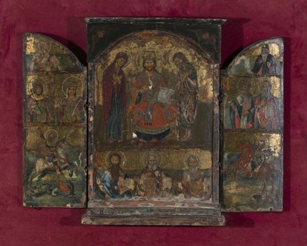 Painted E. Orthodox triptych icon, 18th/19th c.: An Eastern Orthodox triptych icon. 18th/early 19th century. Painted on wood with gilt accents throughout. Central scene with Christ at center flanked by Mary and Saint John the Baptist. Early church f