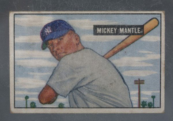 1951 Bowman Baseball #253 Mickey Mantle card.: A 1951 Bowman Baseball #253 Mickey Mantle card. In plastic case.