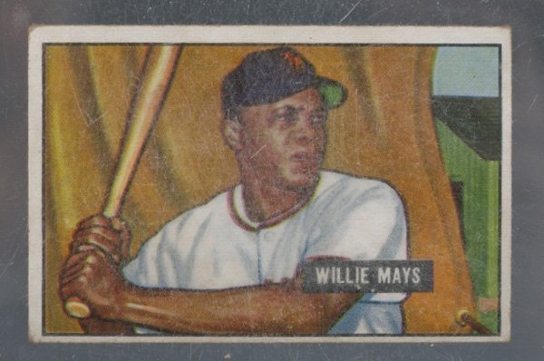 1951 Bowman Baseball #305 Willie Mays Rookie Card.: A 1951 Bowman Baseball #305 Willie Mays Rookie Card. In plastic case.