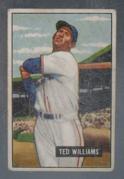 3 1951 Bowman Baseball cards: 165, 2, 1: A group of three 1951 Bowman Baseball cards in plastic cases. ++ #165 Ted Williams card. ++ #1 Whitey Ford card. ++ #2 Yogi Berra card.