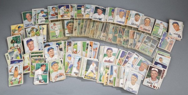 Group of 297 1951 Bowman baseball cards.: A group of 297 1951 Bowman baseball cards. Including Pee Wee Reese, Duke Snider, Roy Campanella, Warren Spahn, Gil Hodges, Phil Rizzuto, Johnny Pesky, and more. Original set had 324 cards.Condition: V