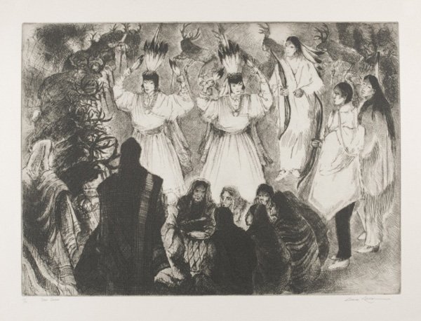 Gene Kloss, Deer Dance, etching, 1969: Kloss, Gene (Am. 1903-1966). Deer Dance. Etching. 1969. 13 x 17 7/8. #37/75. Pencil signed, titled, and numbered. Fine condition, hinged at top to mat. Kloss 531.