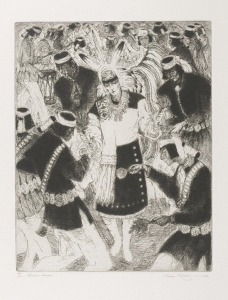 Gene Kloss, Keresan Dancers, Etching: Kloss, Gene (Am. 1903-1966). Keresan Dancers. Etching and drypoint. 1962. 13 7/8 x 10 7/8. #39/50. Pencil signed, titled, and numbered, with “N.A.” after signature. Koss 490.