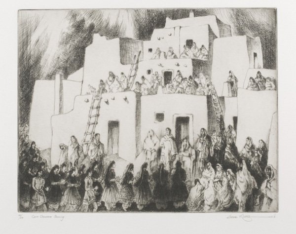 Gene Kloss, Corn Dancers Coming, Etching: Kloss, Gene (Am. 1903-1966). Corn Dancers Coming. Etching and drypoint. 1975. 11 x 13 7/8. #43/50. Pencil signed, titled, and numbered. Kloss 569.