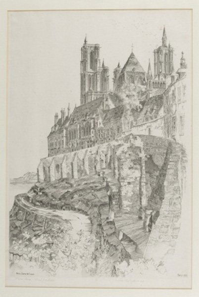 John Taylor Arms, Notre Dame De Laon, Etching: Arms, John Taylor (Am. 1887-1953). Notre Dame De Laòn. Etching. 1929. 14 ¼ x 9 5/8. Trial Proof III. Pencil signed and dated in margin, and annotated “Third State Trial Proof III”. Also signed,