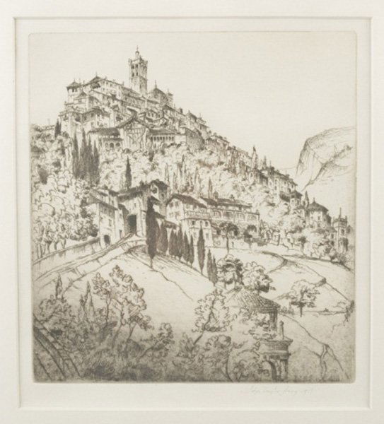 John Taylor Arms, 2 Etchings, signed and dated: Arms, John Taylor (Am. 188701953). 2 Etchings, each pencil signed and dated, sight condition very good, not examined out of frames. ++ Il Sacro Monte, Varese. 1927. 8 x 7 ¼. Ed. 100. F.191. ++ Via Fa