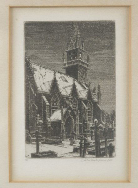 John Taylor Arms, 4 etchings, signed and dated: Arms, John Taylor (Am. 1887-1953). 4 Etchings, each pencil signed and dated, sight condition very good, not examined out of frames. ++ Church Of Saint Jean, Laigle, Orne. 1940. 3 x 1¾. Ed. 551. Light