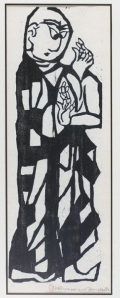 Shiko Munakata, woodblock print of a figure, 1958: Munakata, Shiko (Japan, 1903-1975). A black and white woodblock print of a figure. Dated 1958 with seal and signature at l.r. Matted and framed under glass. Sight: 37" x 13". Frame: 49" x 23".