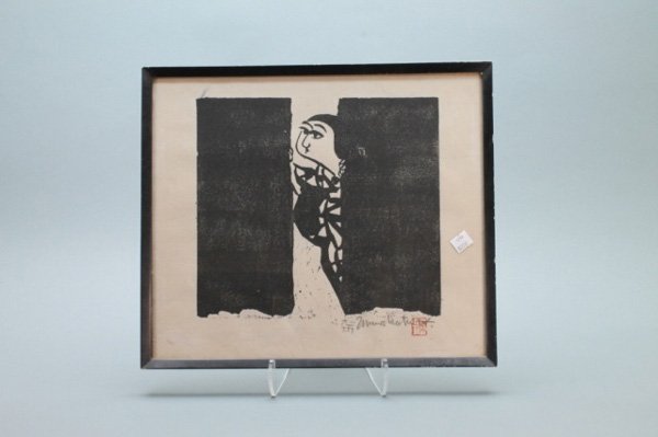 Shiko Munakata, woodblock print of woman, curtain: Munakata, Shiko (Japan, 1903-1975). A woodblock print of a woman peering behind a curtain or door. 20th century. Pencil signed with chop mark at l.r. Framed under glass. Image: 10" x 11". Frame: 14" x