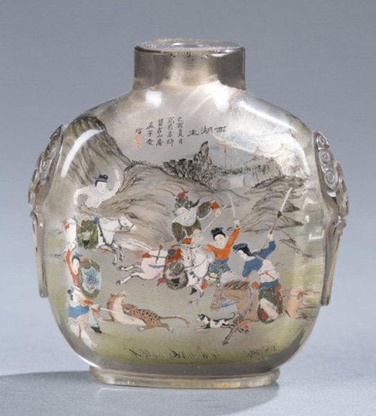 Inside painted glass snuff bottle, 20th century.: An inside painted glass snuff bottle. Early 20th century. Front with battle scene, reverse with figures descending a hillside carrying weapons. Mock handles. 3"h.